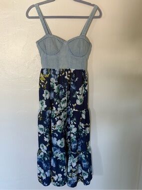 BOG Collective Denim Corset Floral Maxi Dress - Blue S